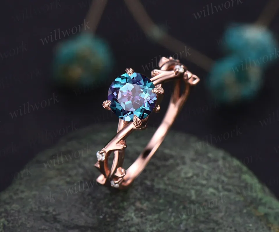 Twig round cut Alexandrite engagement ring rose gold five stone leaf Nature inspired infinity diamond anniversary wedding ring women gift sold by Willwork Jewelry