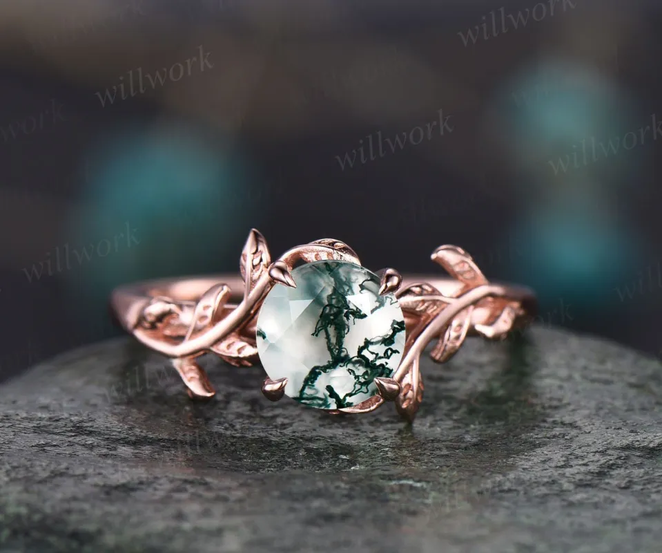 Round cut moss agate ring for women dainty Twig vintage moss agate engagement ring leaf art deco rose gold wedding bridal promise ring gift sold by Willwork Jewelry