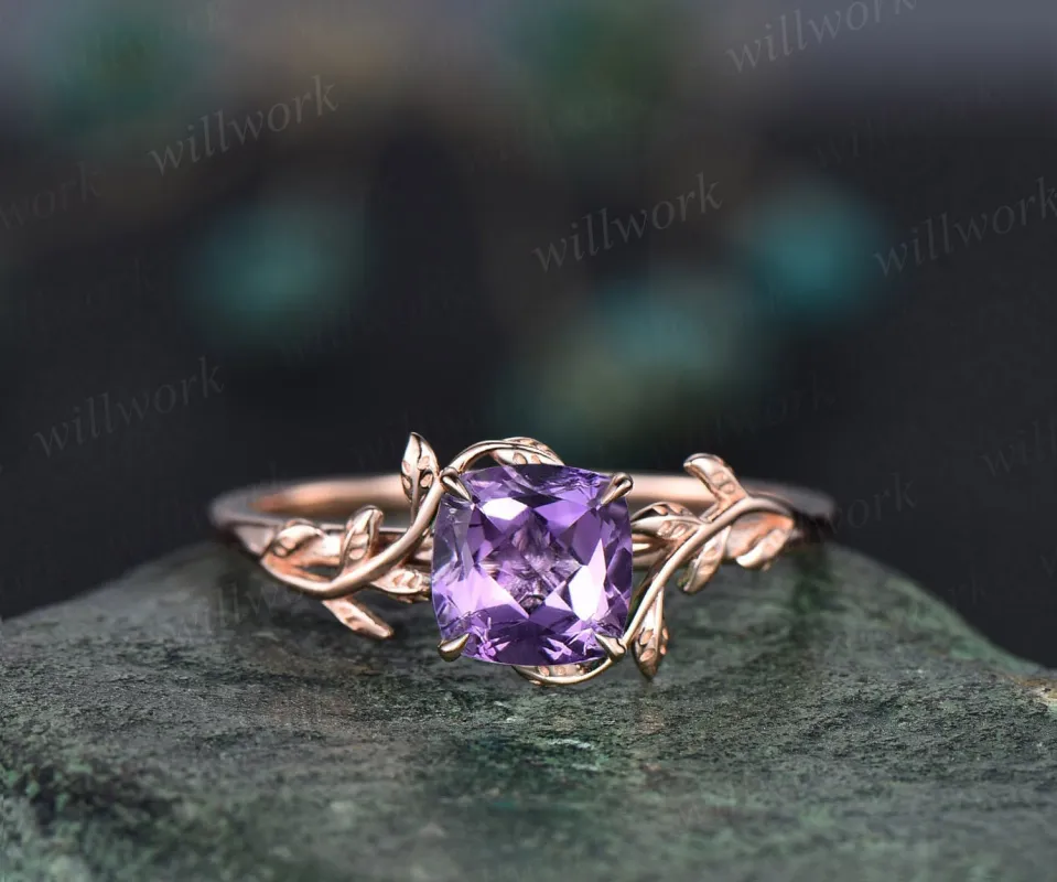 Cushion cut purple amethyst ring vintage unique nature inspired engagement ring leaf 14k rose gold ring art deco bridal wedding ring women sold by Willwork Jewelry