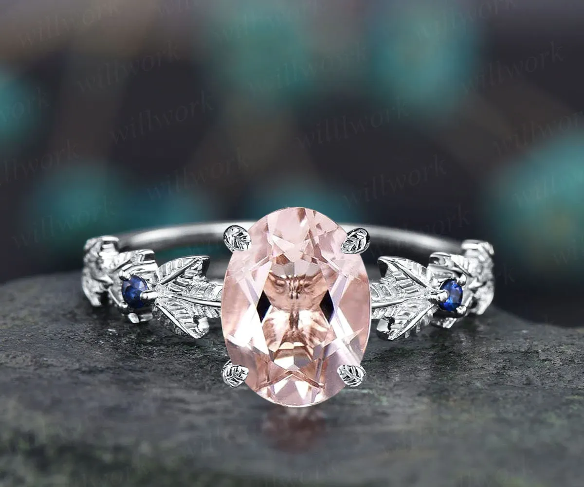 Oval cut Morganite ring gold vintage unique engagement ring Nature inspired leaf twig ring sapphire ring women wedding promise ring silver sold by Willwork Jewelry product image thumbnail 3