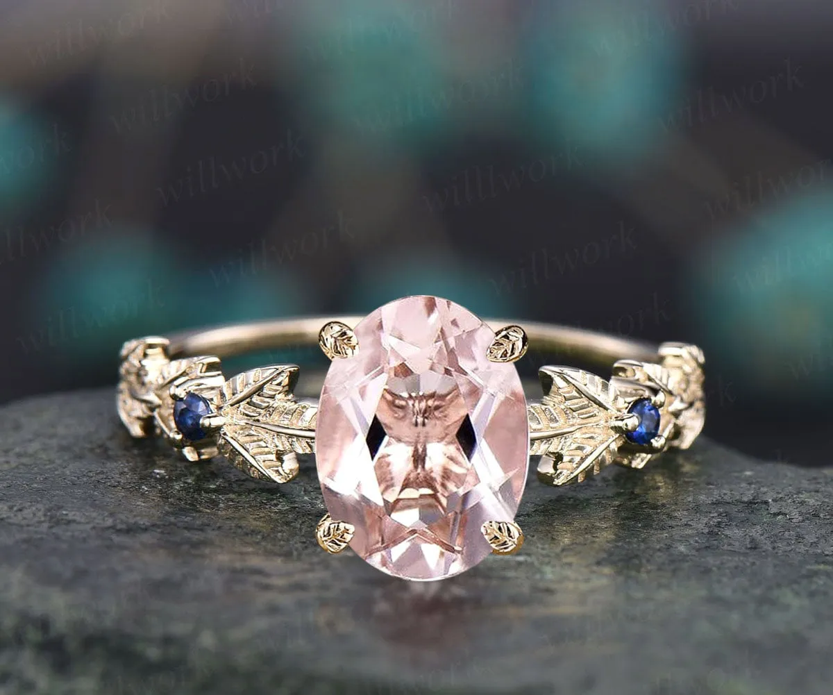 Oval cut Morganite ring gold vintage unique engagement ring Nature inspired leaf twig ring sapphire ring women wedding promise ring silver sold by Willwork Jewelry