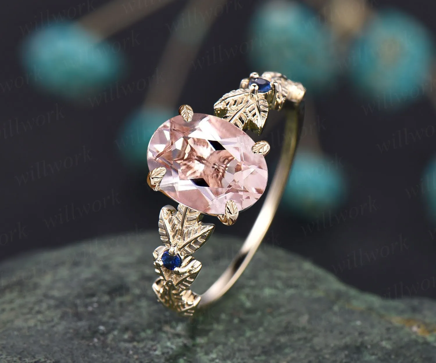 Oval cut Morganite ring gold vintage unique engagement ring Nature inspired leaf twig ring sapphire ring women wedding promise ring silver sold by Willwork Jewelry product image thumbnail 4