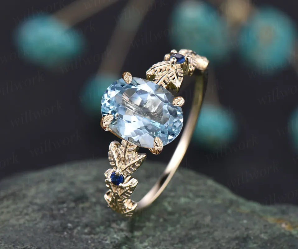 Oval cut Aquamarine ring gold vintage unique engagement ring Nature inspired leaf twig ring sapphire ring women wedding promise ring silver sold by Willwork Jewelry