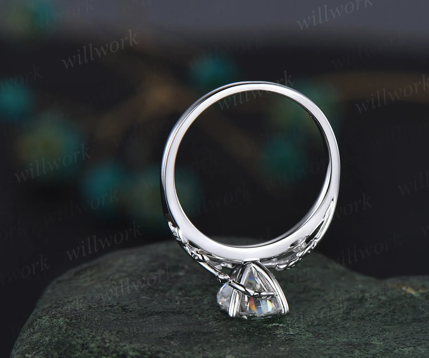 2ct Pear shaped moissanite engagement ring 14k white gold branches leaf Leaves twig nature inspired ring twisted promise wedding ring women sold by Willwork Jewelry product image thumbnail 5