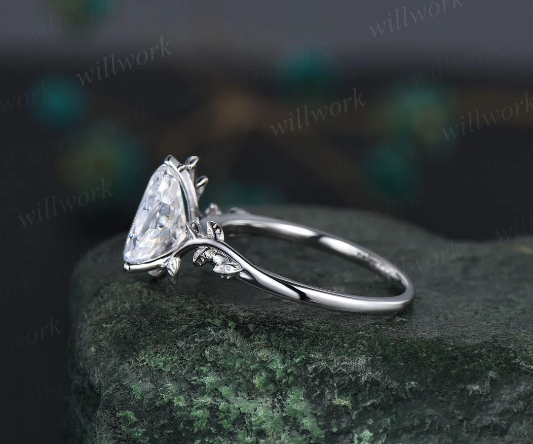 2ct Pear shaped moissanite engagement ring 14k white gold branches leaf Leaves twig nature inspired ring twisted promise wedding ring women sold by Willwork Jewelry product image thumbnail 3