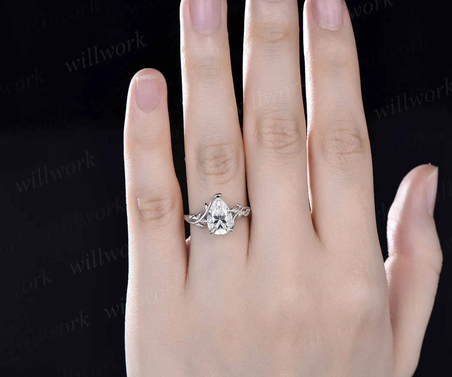 2ct Pear shaped moissanite engagement ring 14k white gold branches leaf Leaves twig nature inspired ring twisted promise wedding ring women sold by Willwork Jewelry product image thumbnail 4