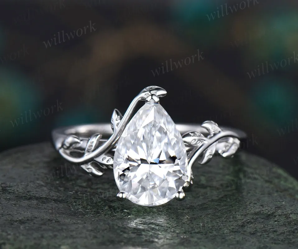 2ct Pear shaped moissanite engagement ring 14k white gold branches leaf Leaves twig nature inspired ring twisted promise wedding ring women sold by Willwork Jewelry