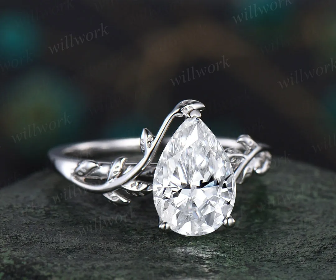 2ct Pear shaped moissanite engagement ring 14k white gold branches leaf Leaves twig nature inspired ring twisted promise wedding ring women sold by Willwork Jewelry product image thumbnail 2