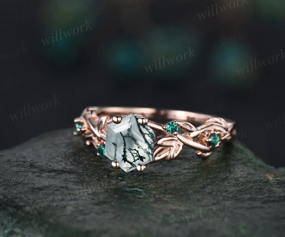 2ct moss agate ring vintage hexagon cut moss agate engagement ring rose gold leaf emerald ring silver anniversary promise ring gifts sold by Willwork Jewelry