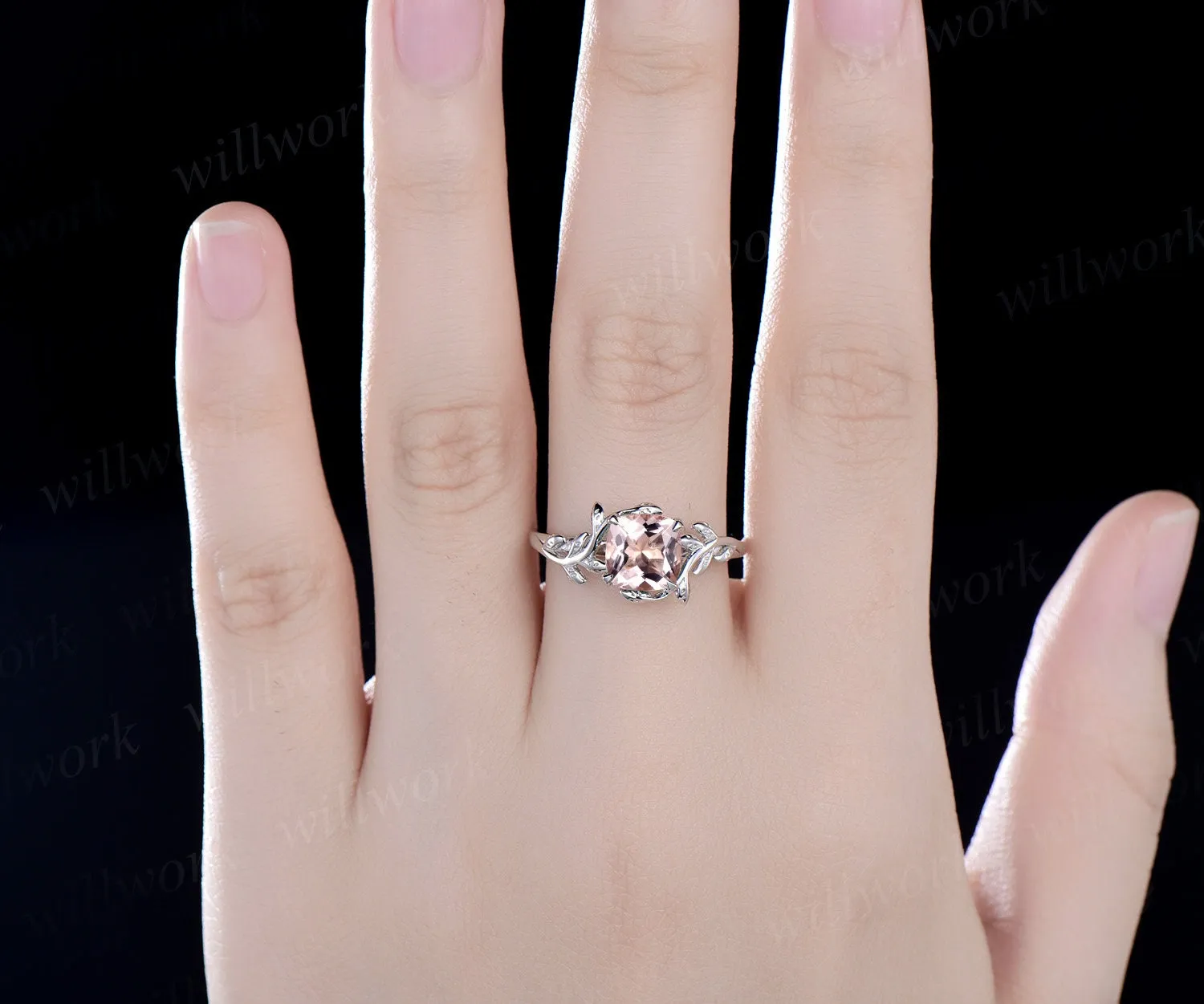 Cushion cut morganite ring vintage unique nature inspired engagement ring leaf 14k rose gold ring art deco bridal wedding ring for women sold by Willwork Jewelry product image thumbnail 2