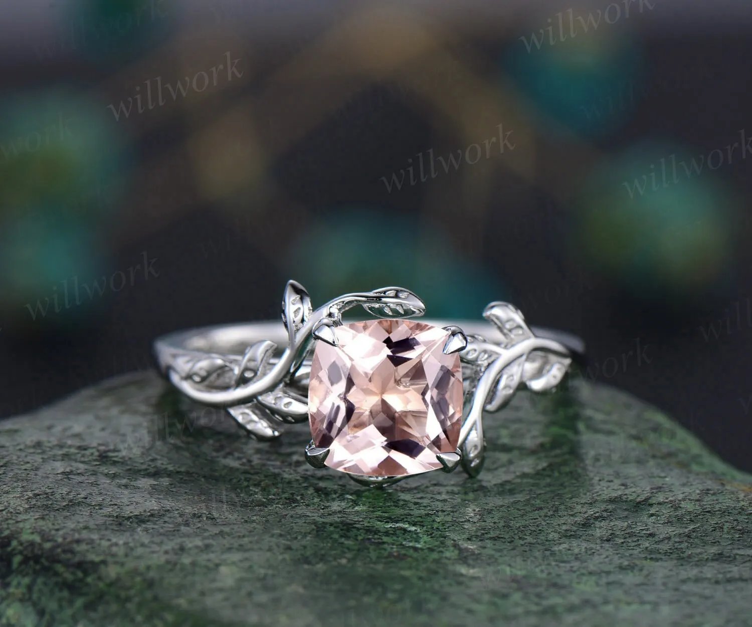 Cushion cut morganite ring vintage unique nature inspired engagement ring leaf 14k rose gold ring art deco bridal wedding ring for women sold by Willwork Jewelry product image thumbnail 5