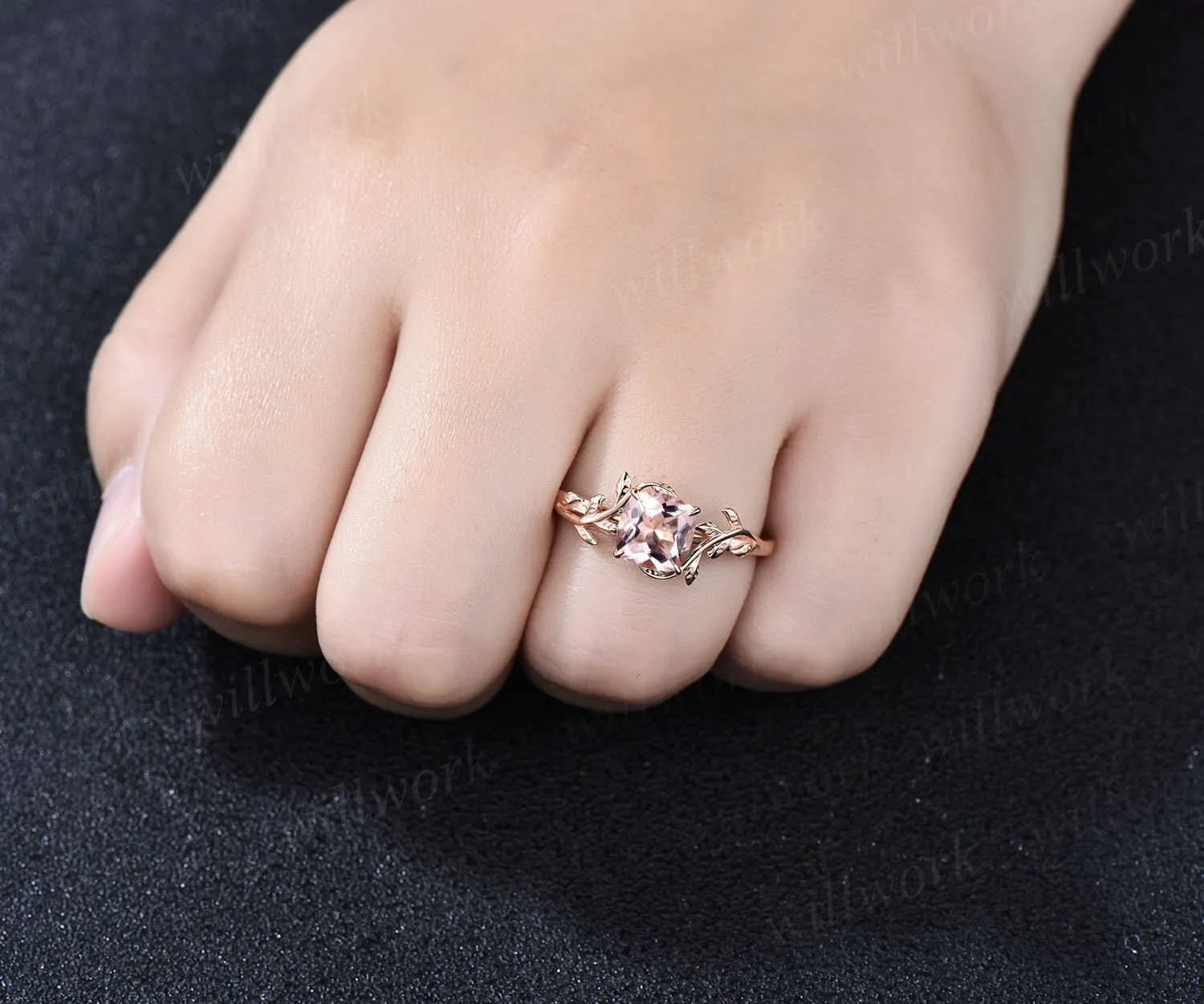 Cushion cut morganite ring vintage unique nature inspired engagement ring leaf 14k rose gold ring art deco bridal wedding ring for women sold by Willwork Jewelry product image thumbnail 4