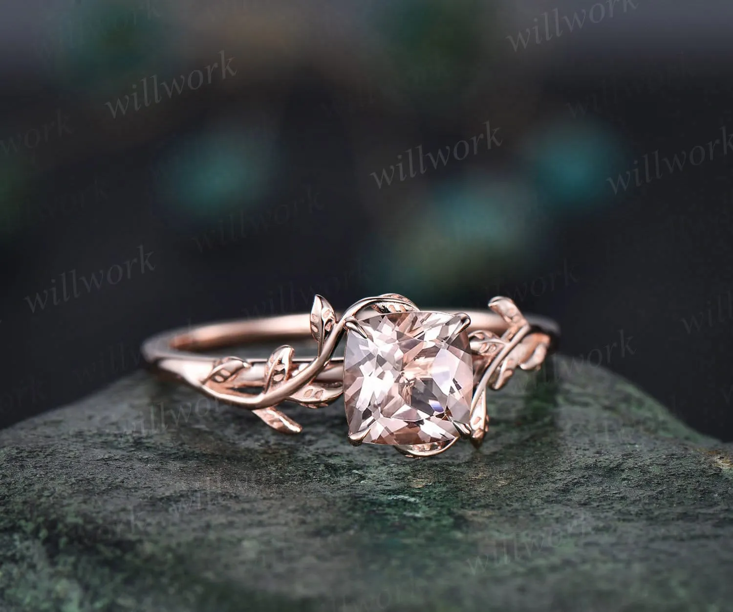 Cushion cut morganite ring vintage unique nature inspired engagement ring leaf 14k rose gold ring art deco bridal wedding ring for women sold by Willwork Jewelry product image thumbnail 3