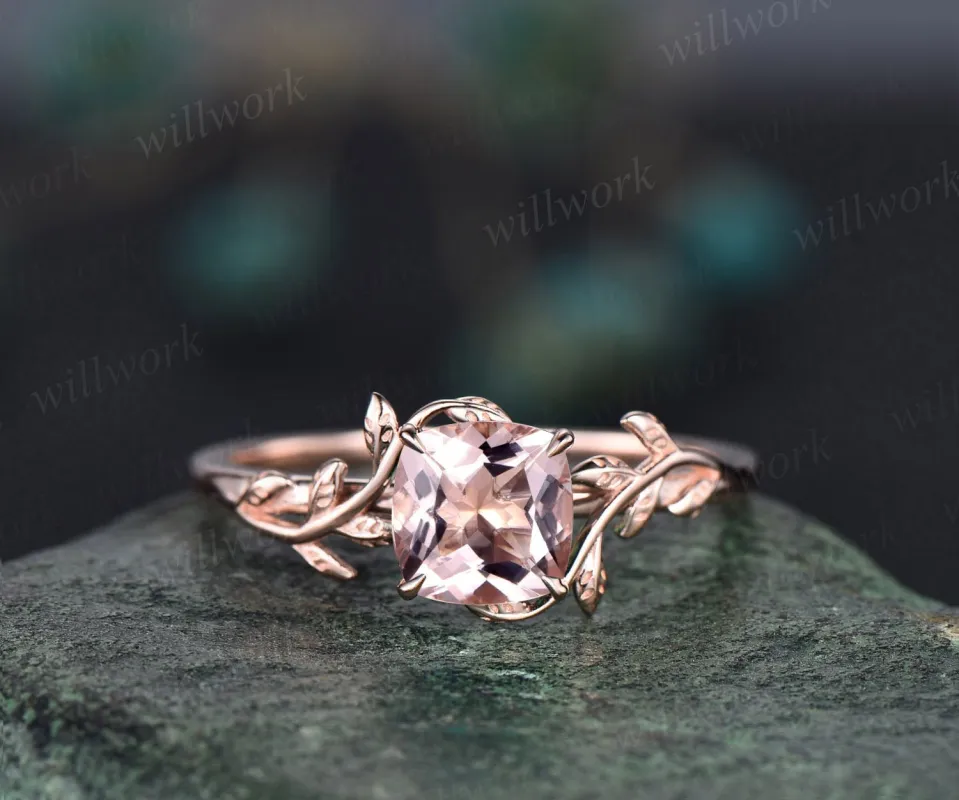 Cushion cut morganite ring vintage unique nature inspired engagement ring leaf 14k rose gold ring art deco bridal wedding ring for women made by Willwork Jewelry