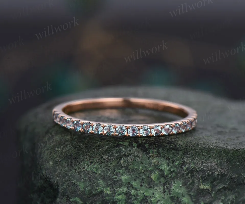 Half eternity Alexandrite wedding band 14k rose gold June birthstone ring dainty ring Alexandrite for women anniversary ring band gift made by Willwork Jewelry