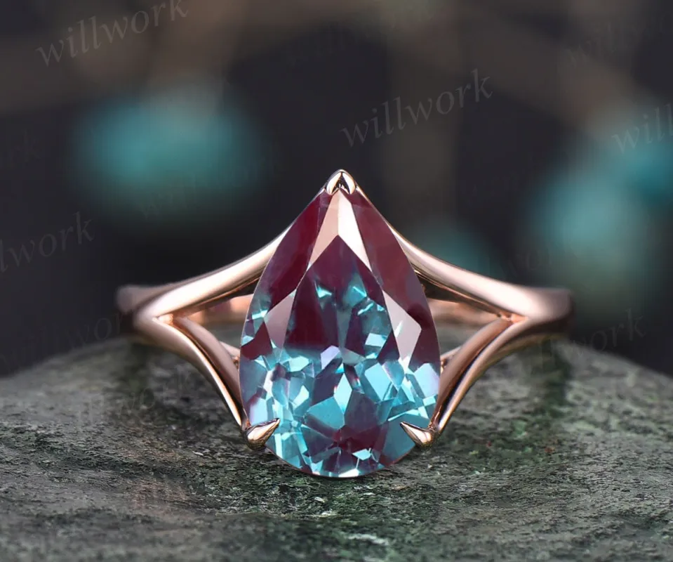 Vintage pear shaped alexandrite ring rose gold solitaire unique engagement ring 14k rose gold split shank promise bridal wedding ring women sold by Willwork Jewelry