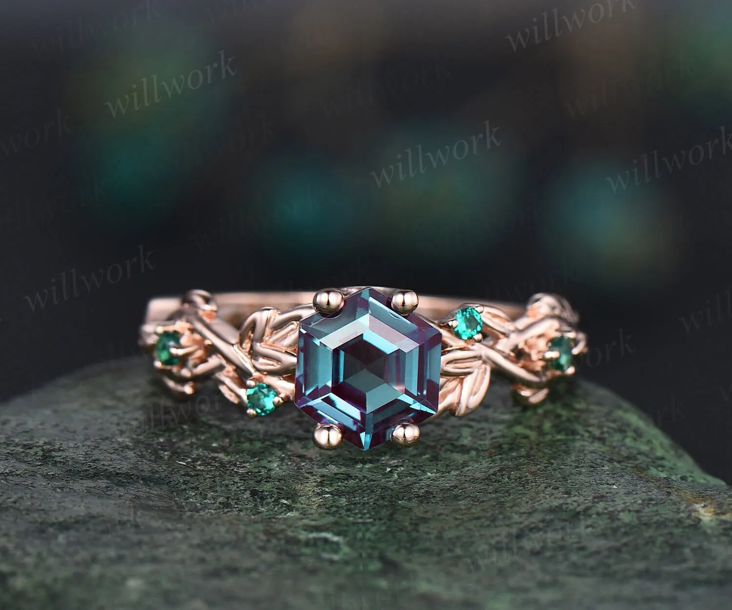 2ct Alexandrite ring vintage hexagon cut Alexandrite engagement ring rose gold leaf emerald ring silver June birthstone ring promise ring sold by Willwork Jewelry product image thumbnail 3