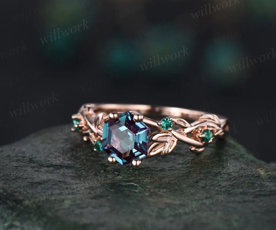 2ct Alexandrite ring vintage hexagon cut Alexandrite engagement ring rose gold leaf emerald ring silver June birthstone ring promise ring sold by Willwork Jewelry