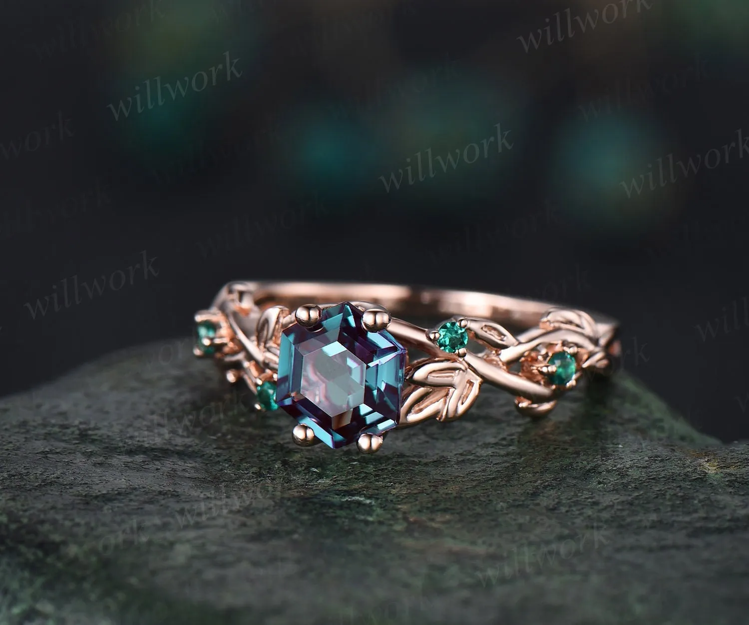 2ct Alexandrite ring vintage hexagon cut Alexandrite engagement ring rose gold leaf emerald ring silver June birthstone ring promise ring sold by Willwork Jewelry