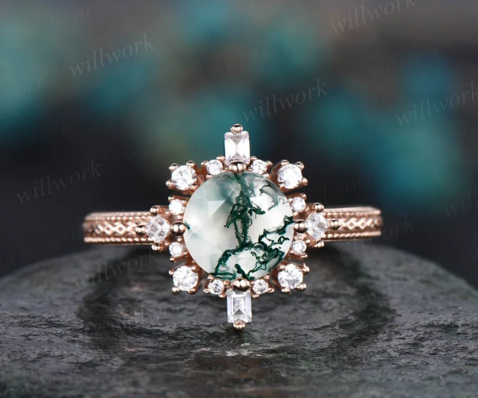 1ct Round cut moss agate ring vintage unique cluster halo engagement ring for women 14k rose gold baguette cut moissanite ring promise ring sold by Willwork Jewelry