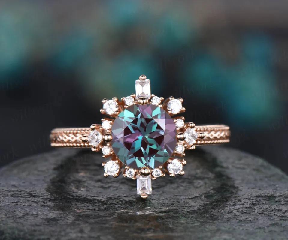 1ct Round cut Alexandrite ring vintage unique cluster engagement ring 14k rose gold silver antique anniversary promise wedding ring women sold by Willwork Jewelry