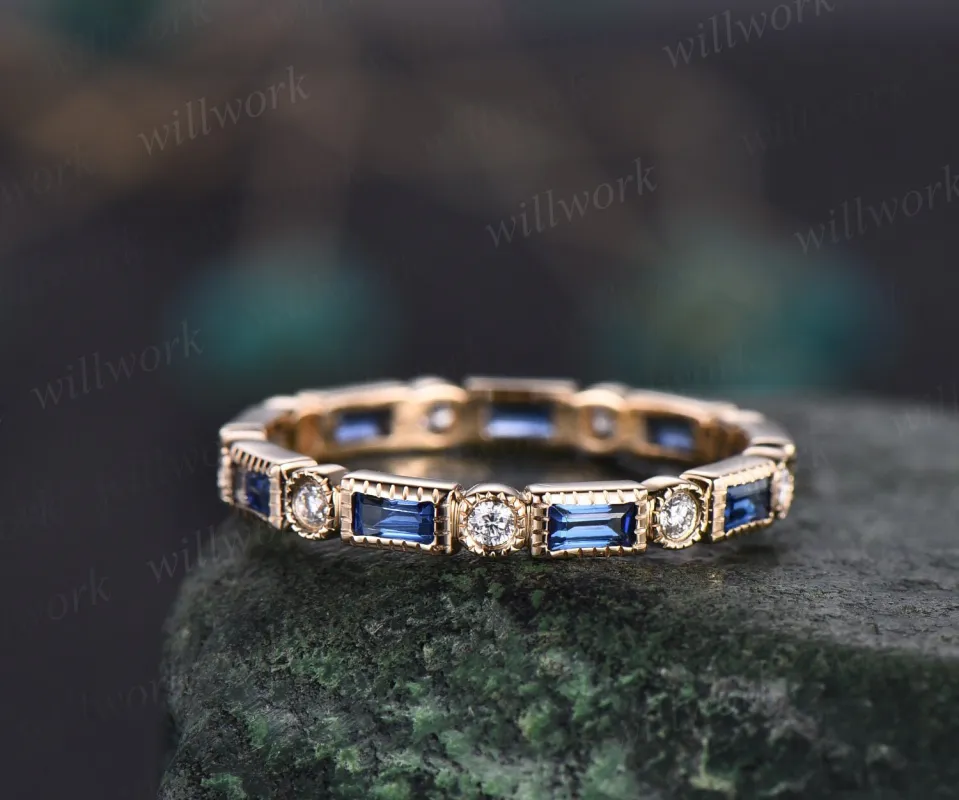 Baguette cut sapphire wedding band Milgrain full eternity diamond wedding ring band 14k yellow gold vintage unique anniversary ring gifts sold by Willwork Jewelry
