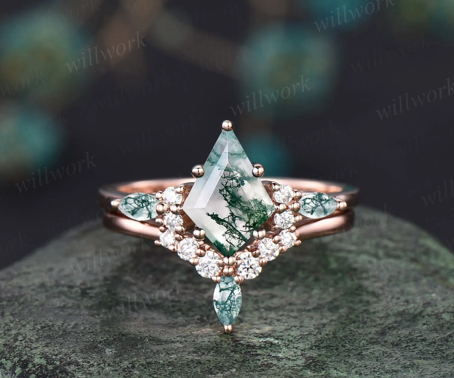 1.5ct Unique kite cut moss agate engagement ring set marquise cut moss agate ring vintage rose gold 6 prong diamond wedding ring set women sold by Willwork Jewelry product image thumbnail 4