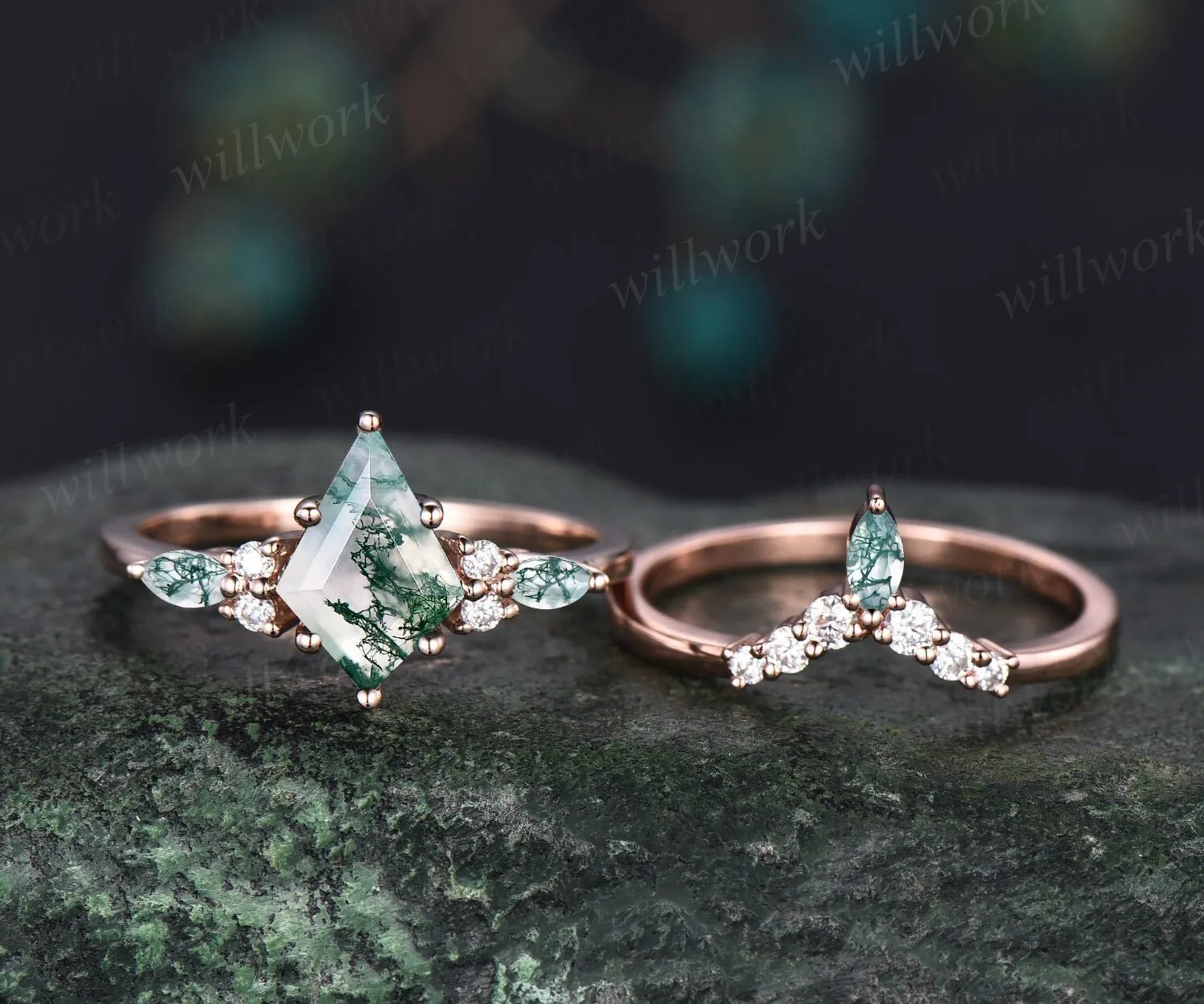 1.5ct Unique kite cut moss agate engagement ring set marquise cut moss agate ring vintage rose gold 6 prong diamond wedding ring set women sold by Willwork Jewelry