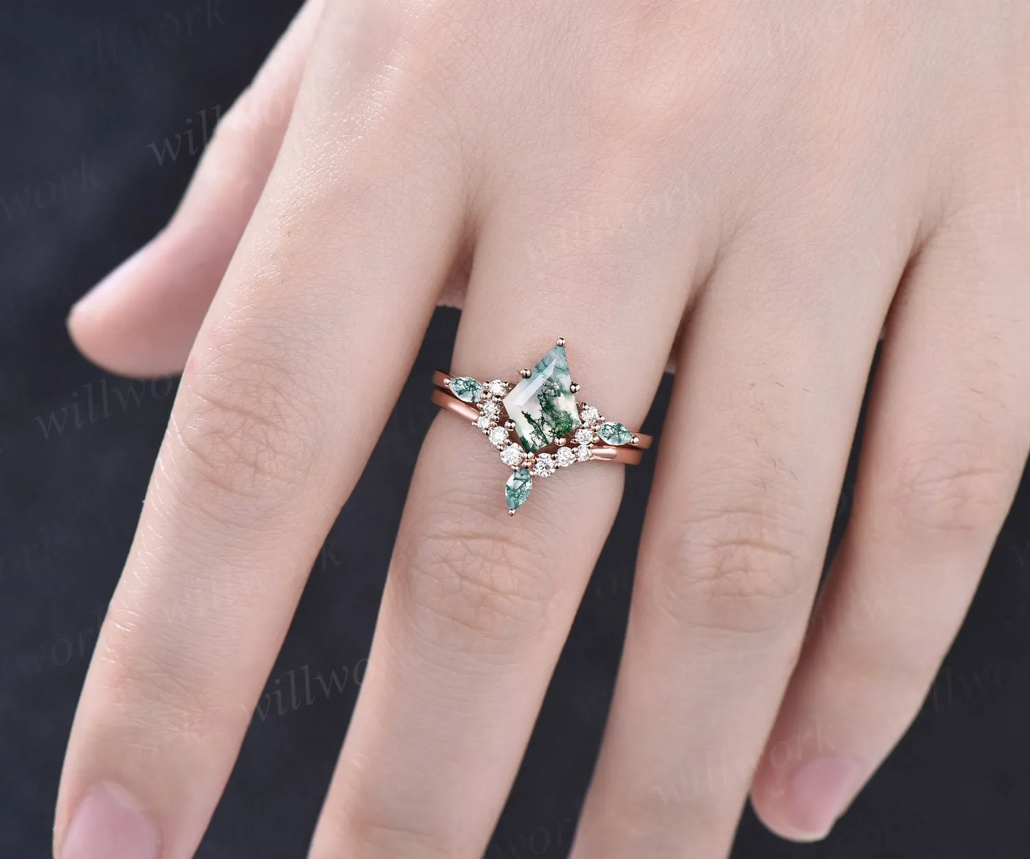 1.5ct Unique kite cut moss agate engagement ring set marquise cut moss agate ring vintage rose gold 6 prong diamond wedding ring set women sold by Willwork Jewelry product image thumbnail 2