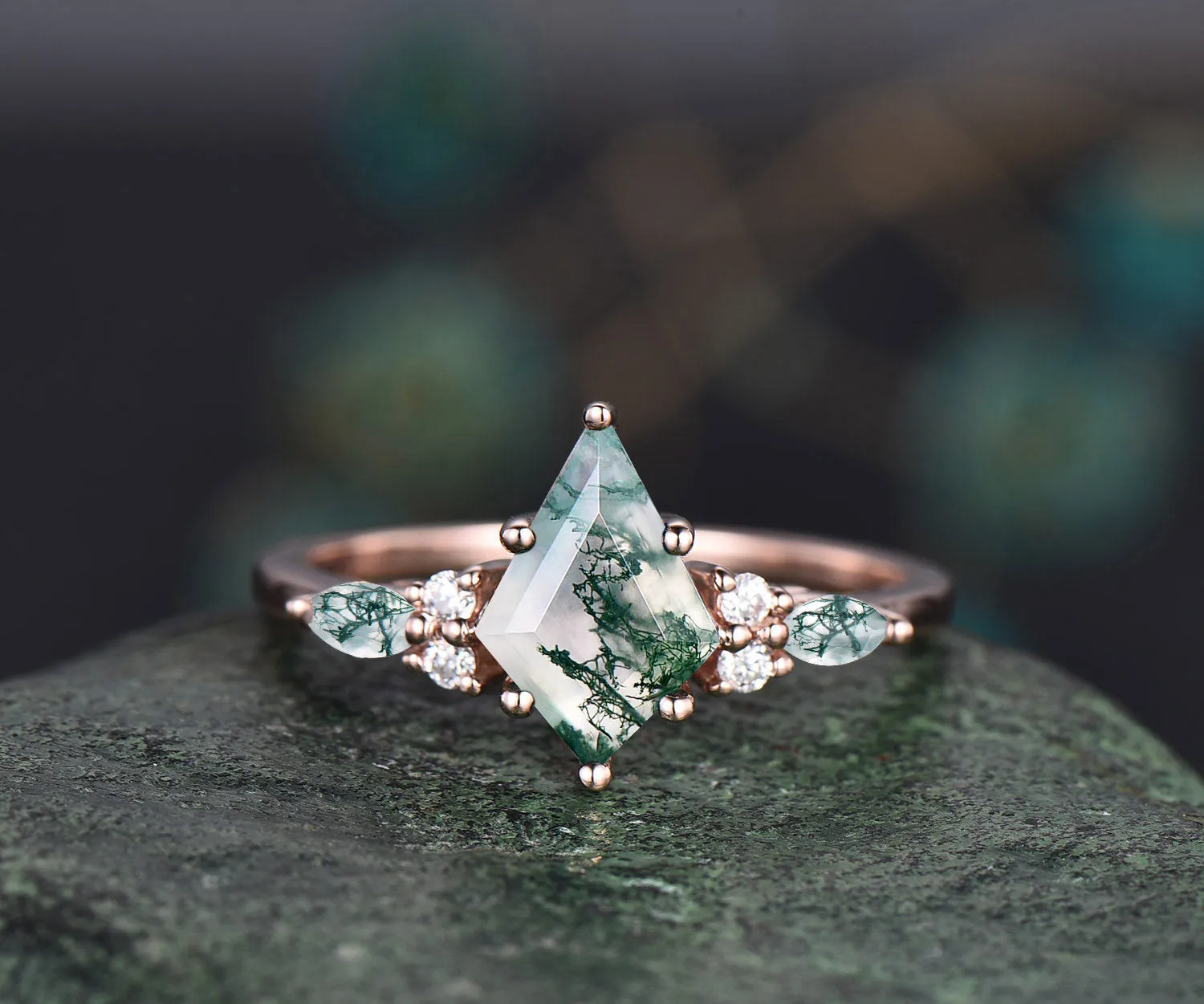 1.5ct Unique kite cut moss agate engagement ring set marquise cut moss agate ring vintage rose gold 6 prong diamond wedding ring set women sold by Willwork Jewelry product image thumbnail 5