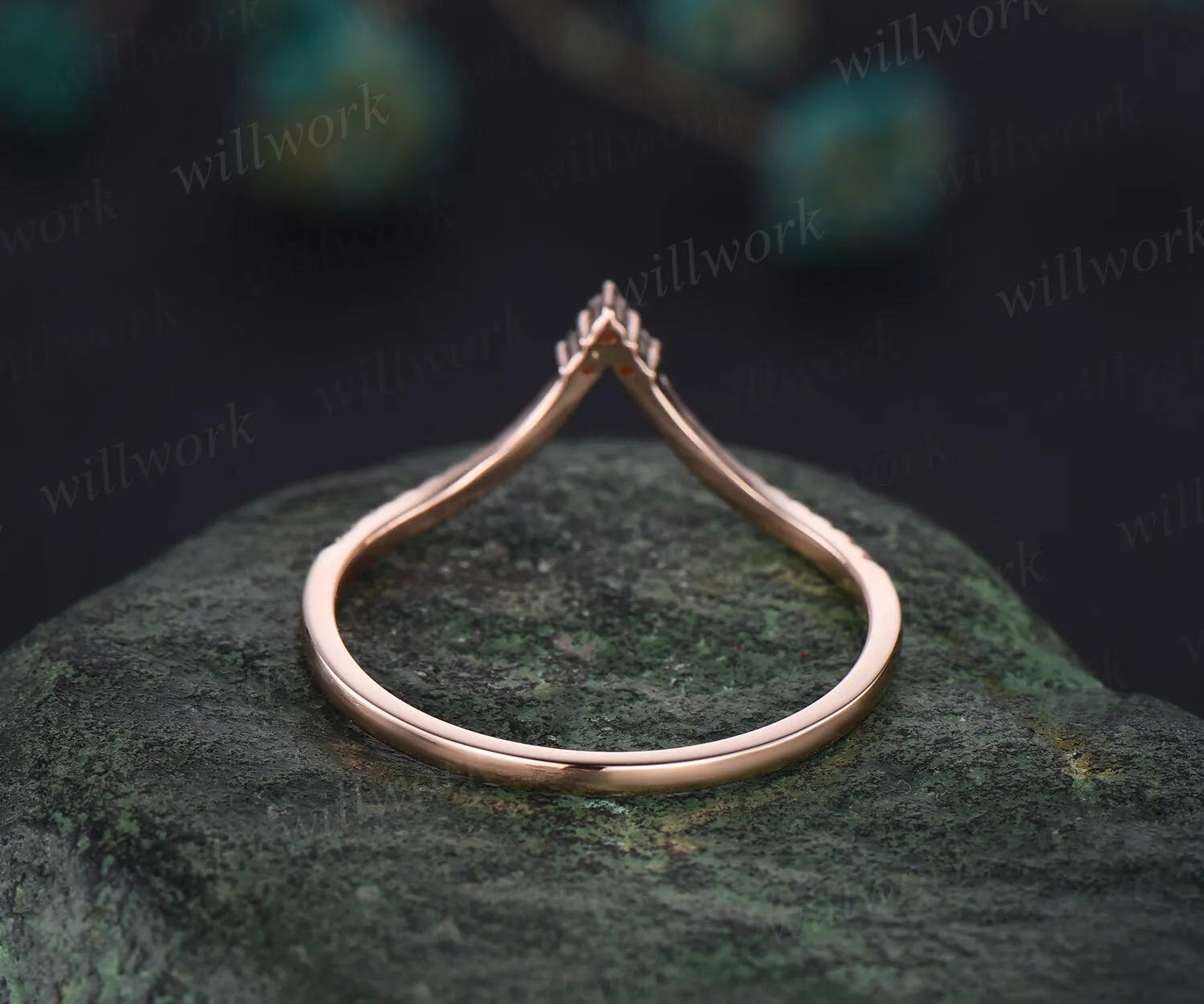 Unique Curved V shaped diamond wedding band solid 14k rose gold stacking half eternity moissanite wedding ring band anniversary ring women sold by Willwork Jewelry product image thumbnail 5