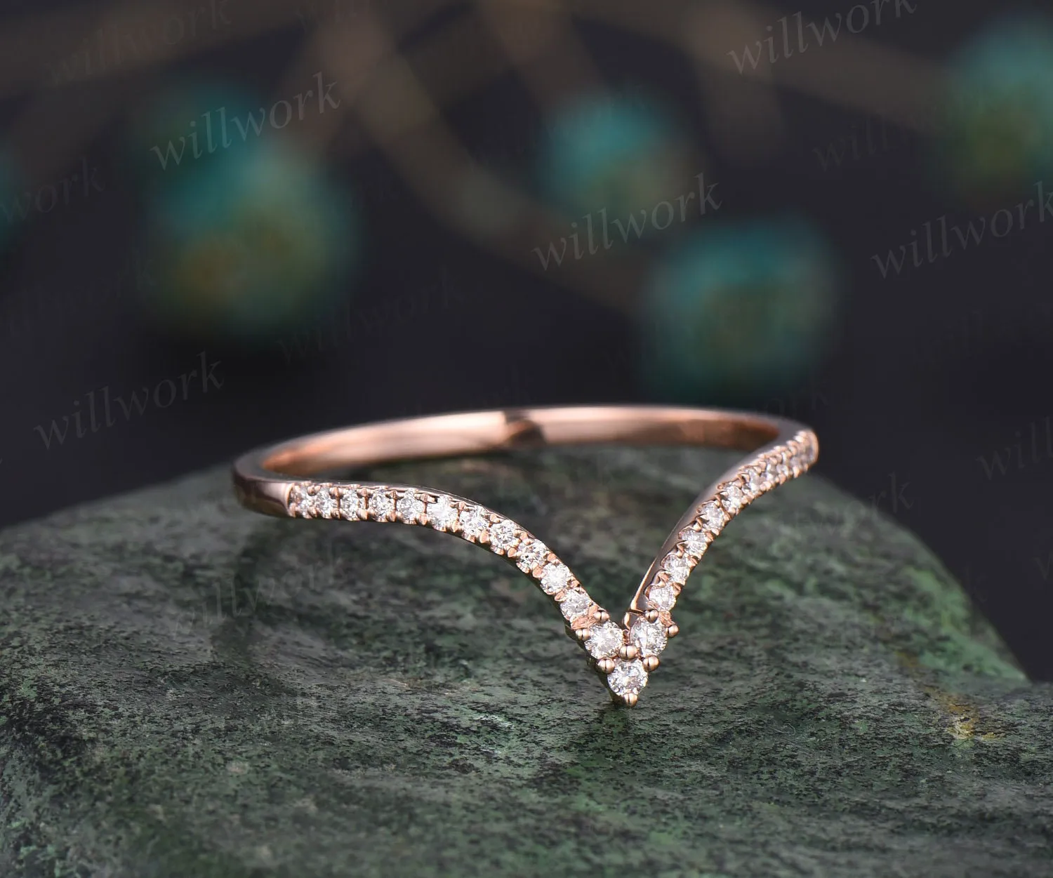Unique Curved V shaped diamond wedding band solid 14k rose gold stacking half eternity moissanite wedding ring band anniversary ring women sold by Willwork Jewelry product image thumbnail 3