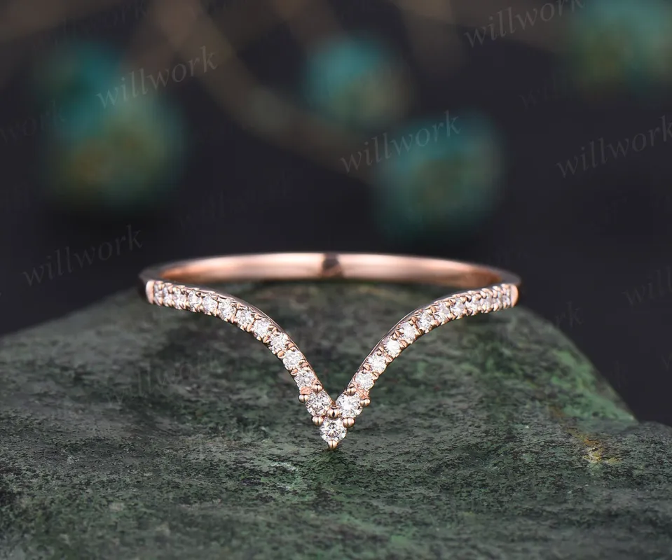 Unique Curved V shaped diamond wedding band solid 14k rose gold stacking half eternity moissanite wedding ring band anniversary ring women sold by Willwork Jewelry
