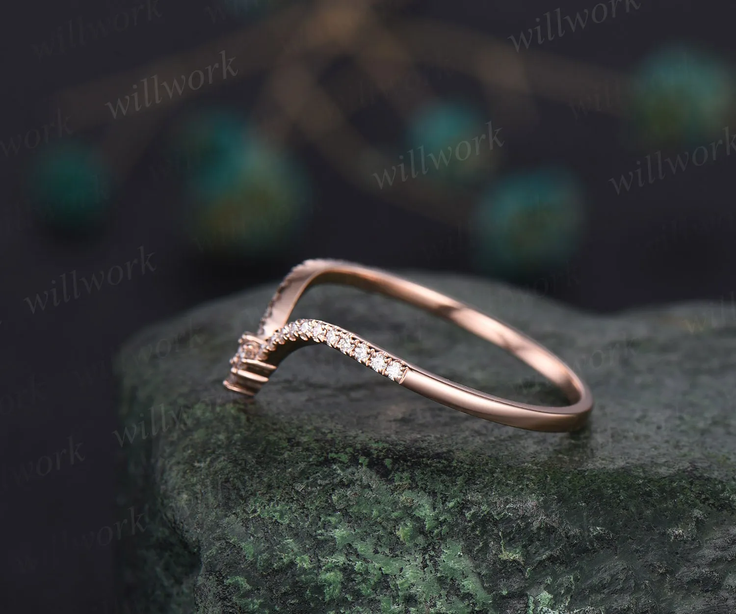 Unique Curved V shaped diamond wedding band solid 14k rose gold stacking half eternity moissanite wedding ring band anniversary ring women sold by Willwork Jewelry product image thumbnail 4