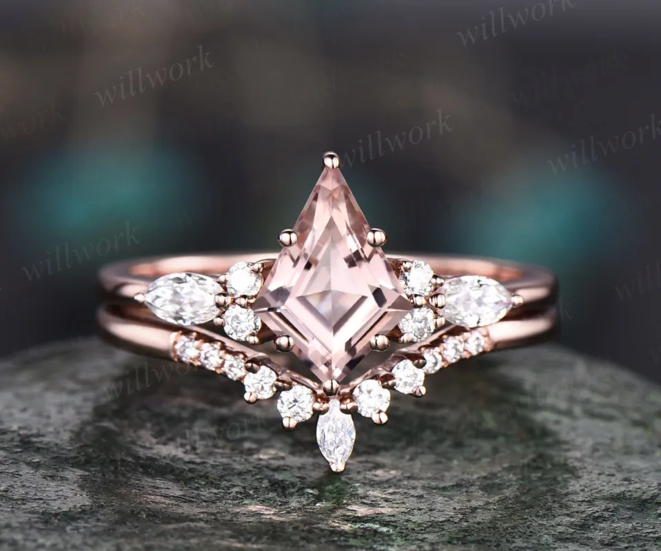 Vintage kite cut 1ct pink morganite engagement ring set 14k rose gold marquise cut diamond ring for women unique bridal wedding ring set made by Willwork Jewelry