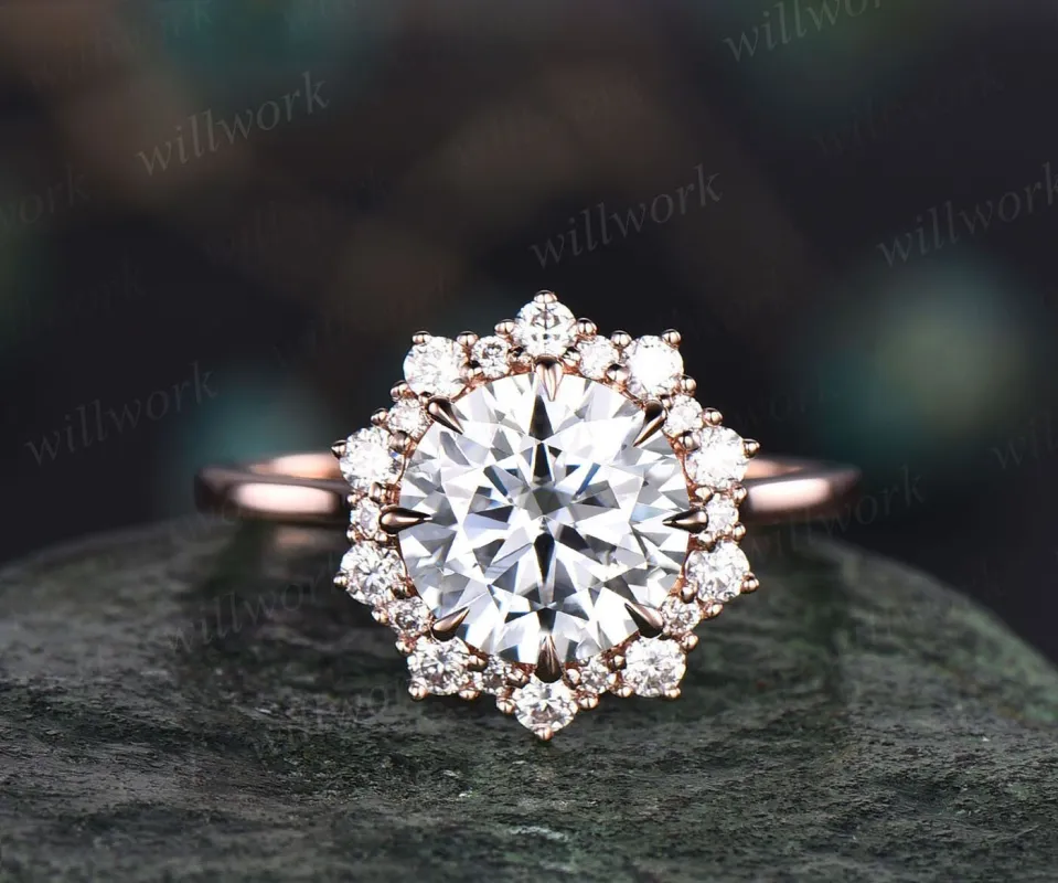 2ct round moissanite engagement ring rose gold vintage unique snowdrift halo engagement ring diamond promise bridal wedding ring for women sold by Willwork Jewelry