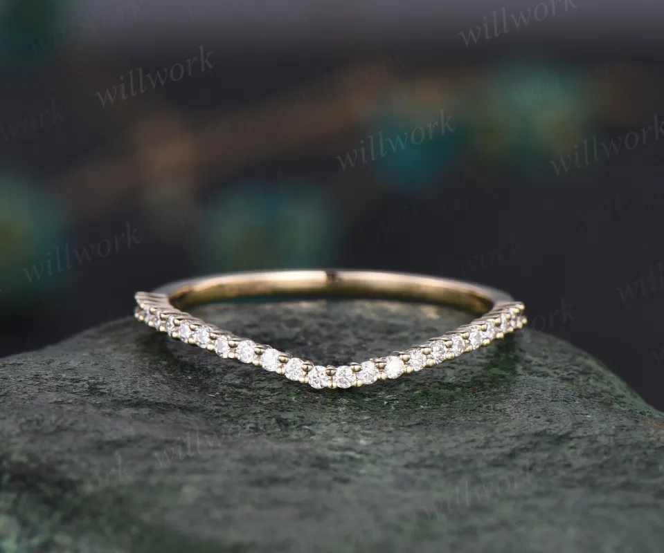 Curved V shaped diamond wedding band 14k yellow gold vintage stacking matching half eternity moissanite wedding ring band for women gift sold by Willwork Jewelry