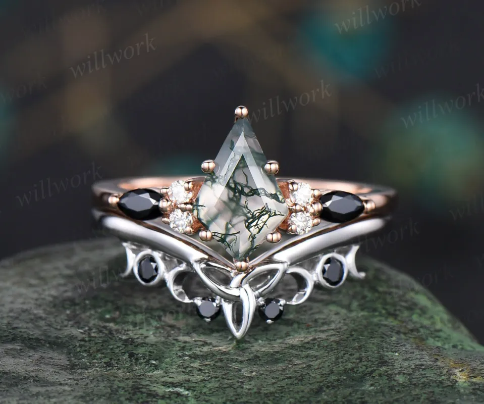 kite cut green moss agate engagement ring set art deco solid 14k rose gold vintage moissanite ring wwomen black diamond wedding ring band sold by Willwork Jewelry