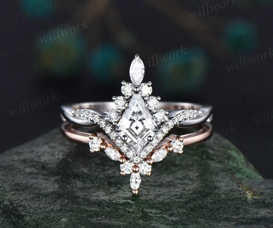 Vintage kite cut moissanite ring gold halo unique engagement ring set art deco curved twisted marquise diamond wedding ring set for women sold by Willwork Jewelry
