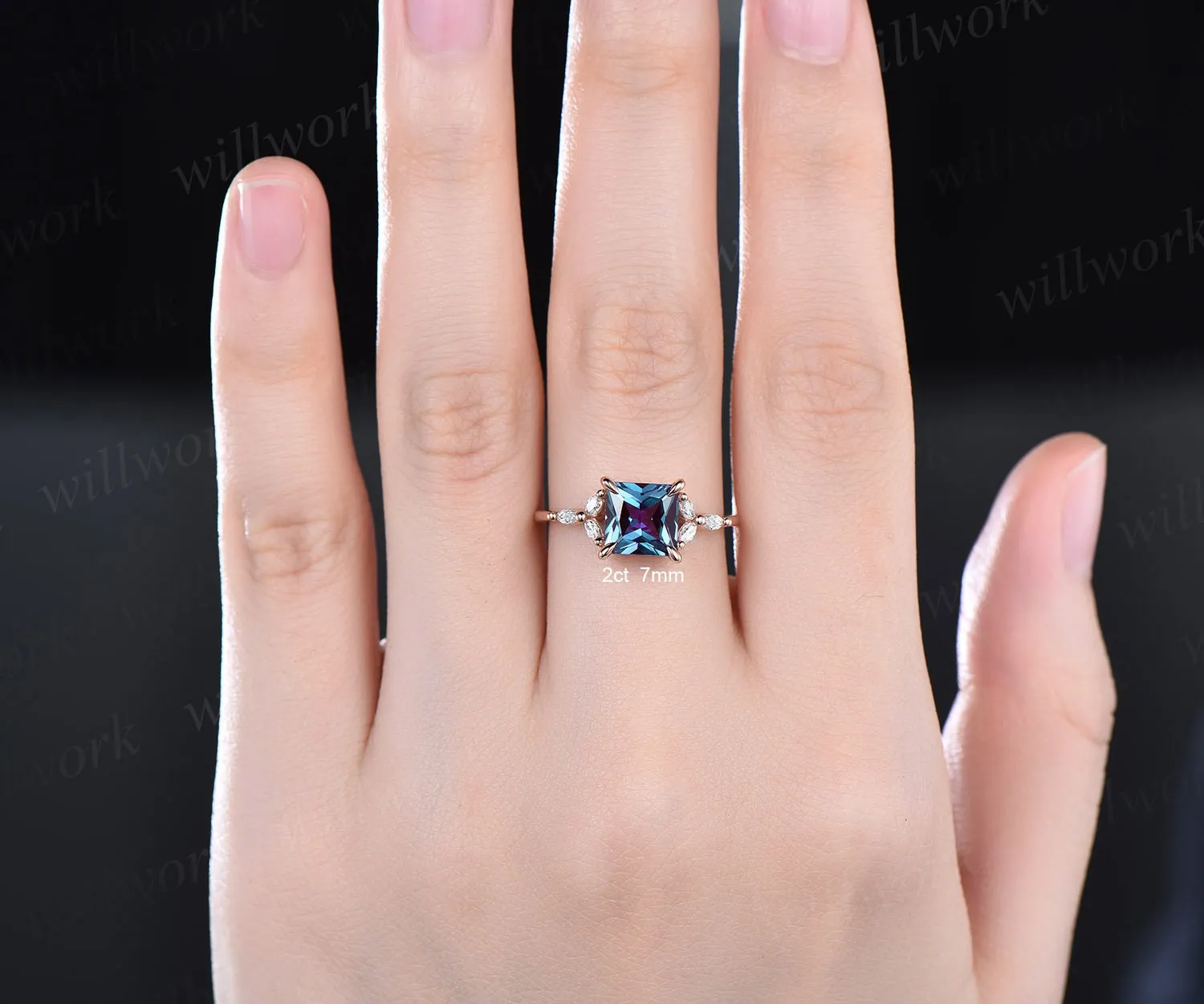4ct Alexandrite ring unique princess cut engagement ring 14k rose gold flower marquise cut diamond ring women promise anniversary ring gifts sold by Willwork Jewelry product image thumbnail 2