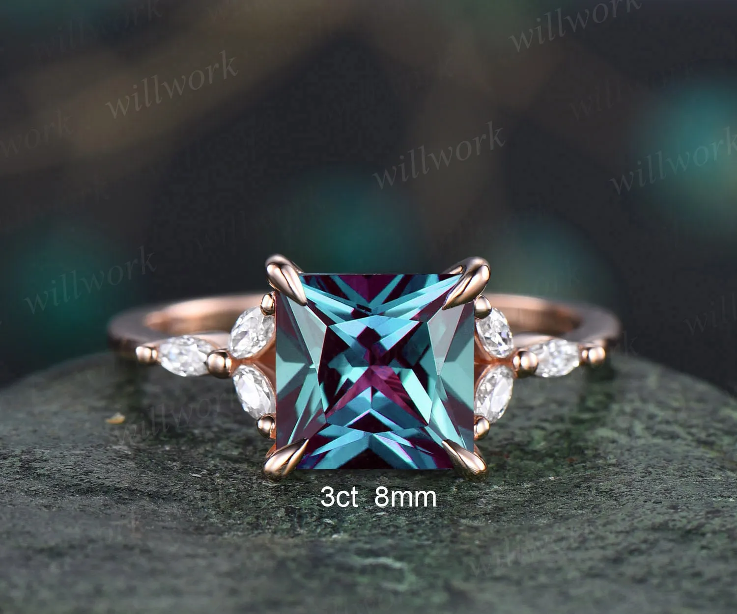 4ct Alexandrite ring unique princess cut engagement ring 14k rose gold flower marquise cut diamond ring women promise anniversary ring gifts sold by Willwork Jewelry product image thumbnail 3