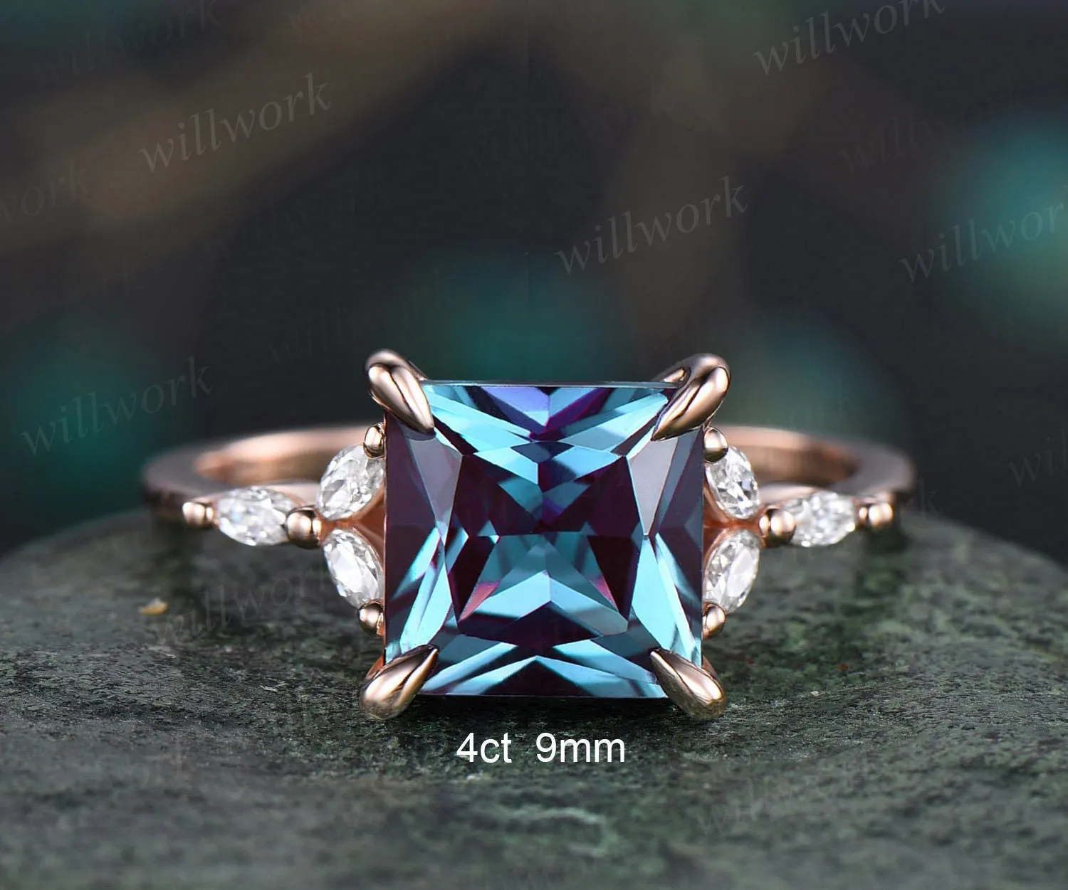 4ct Alexandrite ring unique princess cut engagement ring 14k rose gold flower marquise cut diamond ring women promise anniversary ring gifts sold by Willwork Jewelry