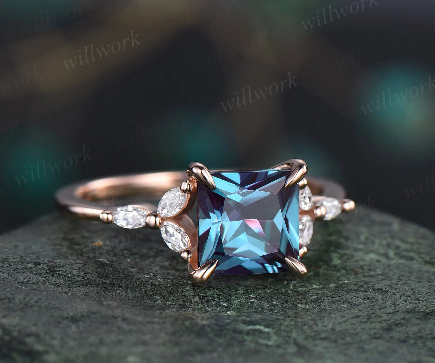 4ct Alexandrite ring unique princess cut engagement ring 14k rose gold flower marquise cut diamond ring women promise anniversary ring gifts sold by Willwork Jewelry product image thumbnail 5