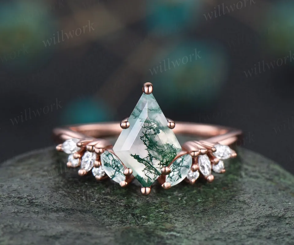 7x10mm Kite cut green moss agate engagement ring women rose gold marquise cut moss agate ring Curved diamond ring leaf wedding promise ring sold by Willwork Jewelry