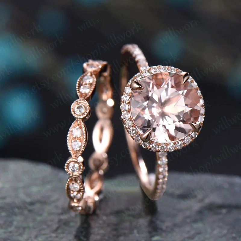Vintage unique round cut Morganite engagement ring set solid 14k rose gold halo full eternity marquise diamond promse wedding ring set women made by Willwork Jewelry