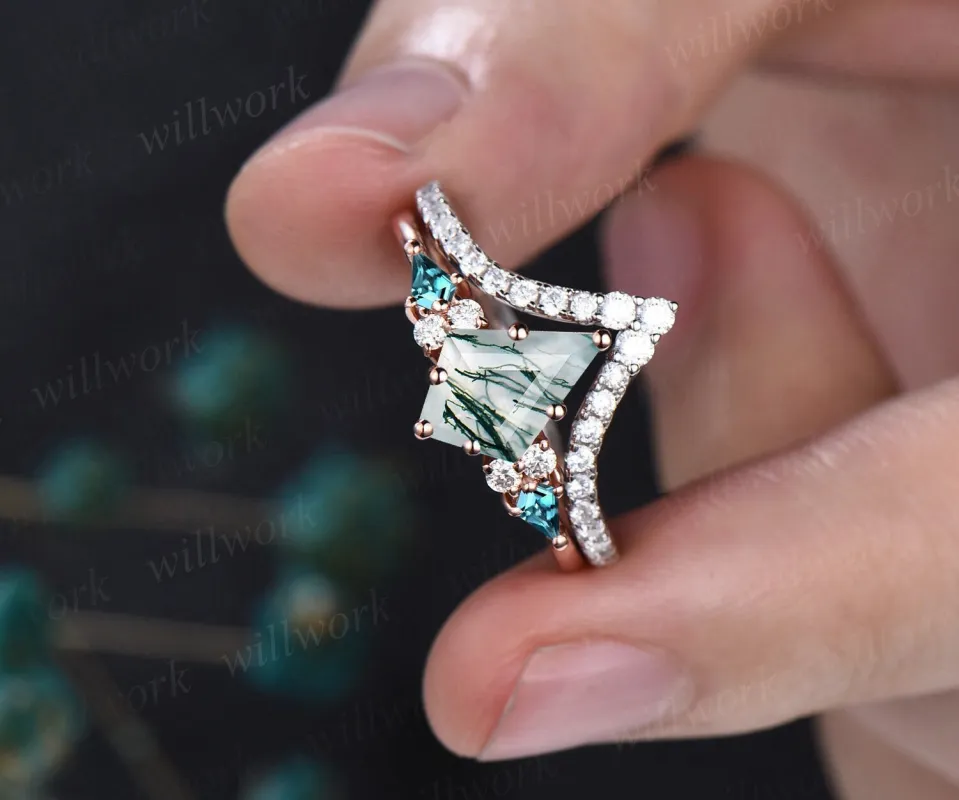 7x10mm kite cut green moss agate ring rose gold unique engagement ring set for women kite alexandrite ring curved diamond wedding ring set sold by Willwork Jewelry