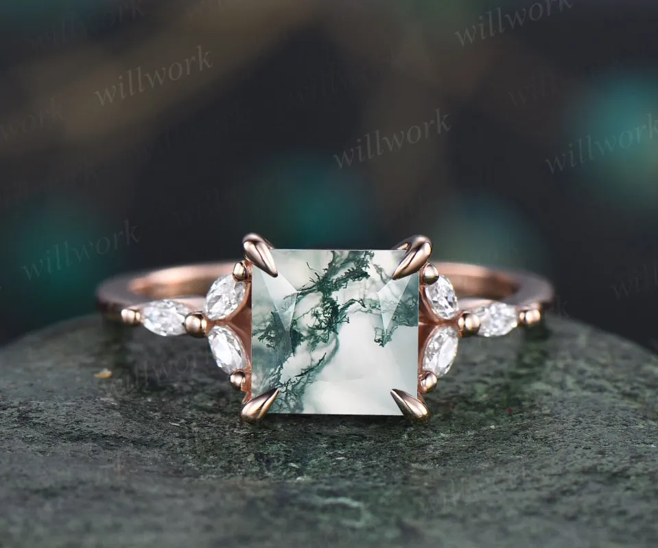 2ct Princess cut moss agate ring rose gold vintage green moss agate engagement ring cluster art deco diamond ring promise wedding ring women sold by Willwork Jewelry