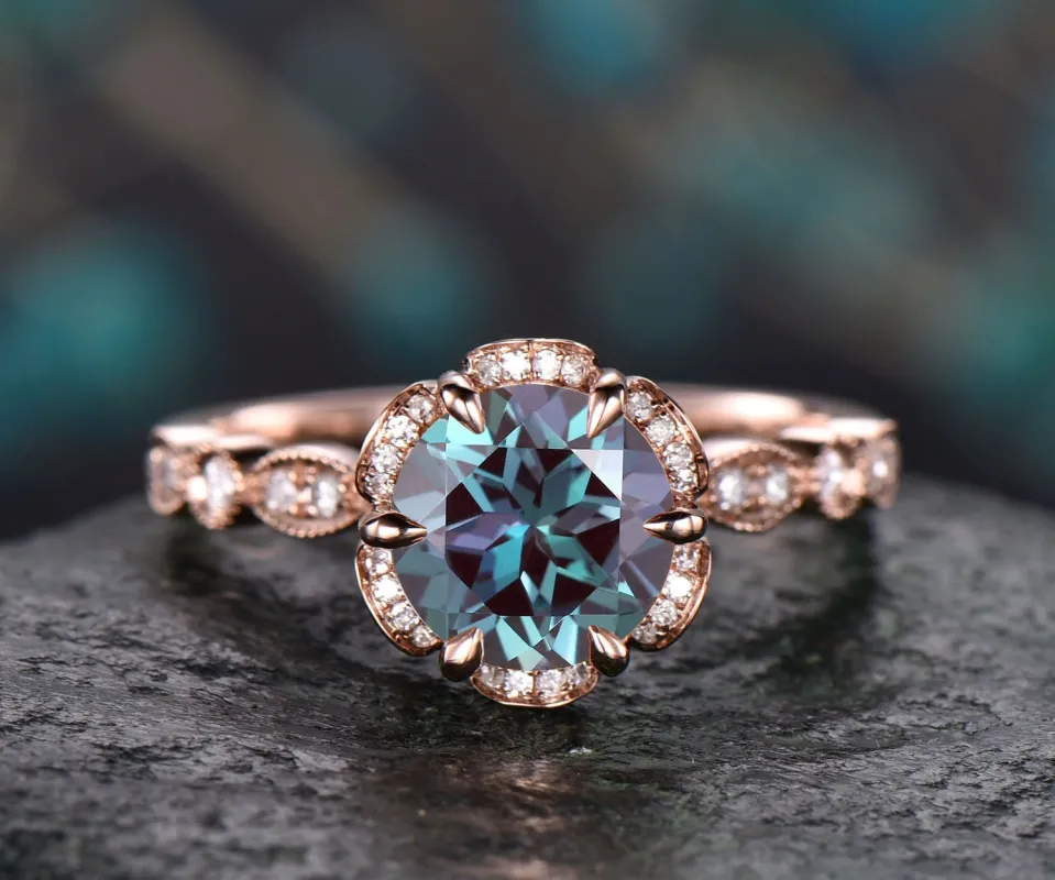 Unique round cut Alexandrite engagement ring rose gold art deco 6 prong Milgrain under halo diamond ring vintage promise wedding ring women made by Willwork Jewelry
