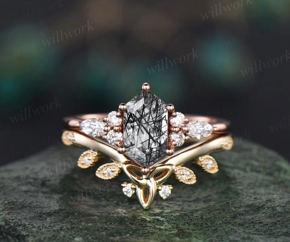 Long hexagon cut black rutilated quartz engagement ring set 14k rose gold art deco diamond ring set for women vintage marquise bridal sets sold by Willwork Jewelry