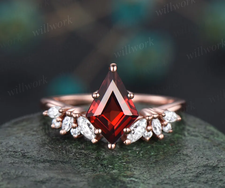 Vintage kite cut red garnet engagement ring 14k rose gold marquise unique engagement ring for women antique diamond anniversary ring gifts made by Willwork Jewelry